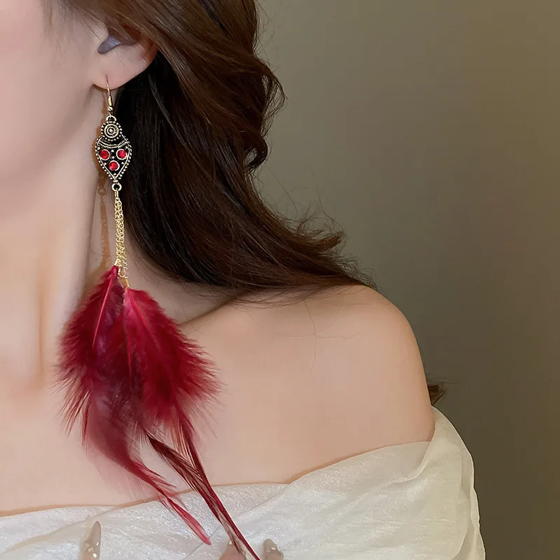 Ethnische Lange Feder Ohrringe Frauen Böhmischen Vintage Gold Farbe Hohle Blume Handgemachte Kette Baumeln Ohrring Party Hochzeit Schmuck – Detail 15