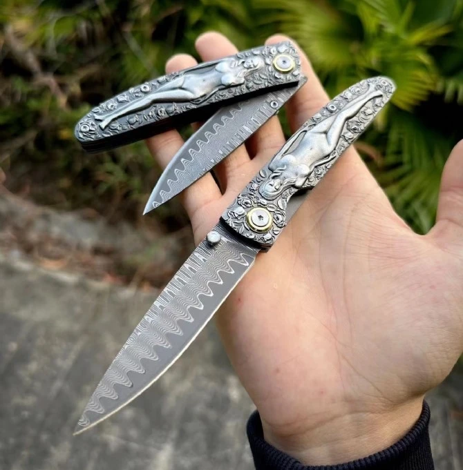 Paodin Musa Beauty Pocket Folding Knife Damascus Blade Steel Engraving Handle Tactical Hunting Camping EDC Survival Tool Knives