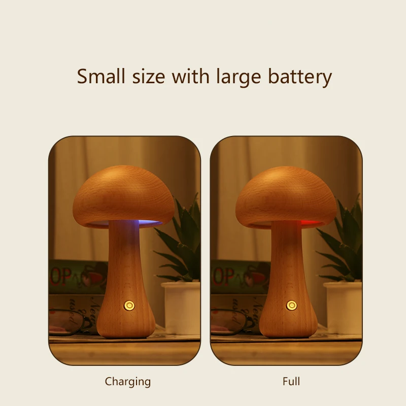 LED Wooden Cute Mushroom Night Light Portable Dimmable Bedside Lamp with USB Charging Mushroom Table Lamp for Home Decor