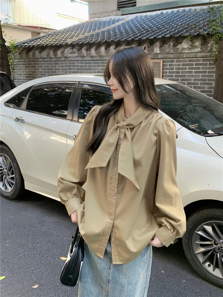 2024 Spring Office Lady Shirts Long Lantern Sleeve Bow Collar Sweet Female Blouses Fashion Women's Basic Shirt Button Fly Blouse