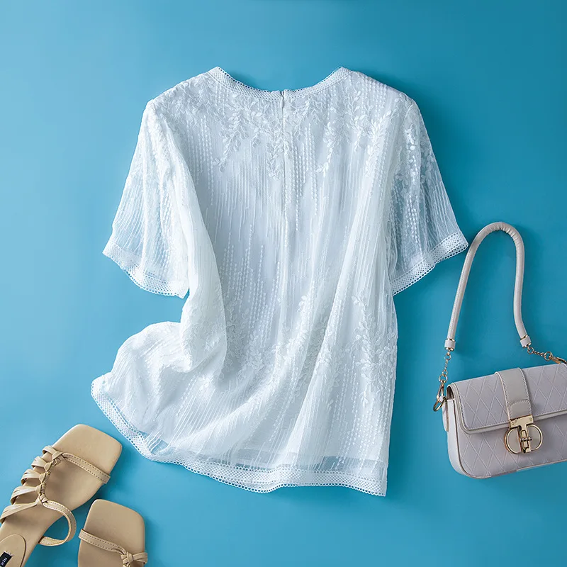 Winsleter-100% Silk Elegant Sun Protection T-shirt, O Neck Embroidery, Woman Beach Vacation Thin Top, 2026 Summer New T65586CC