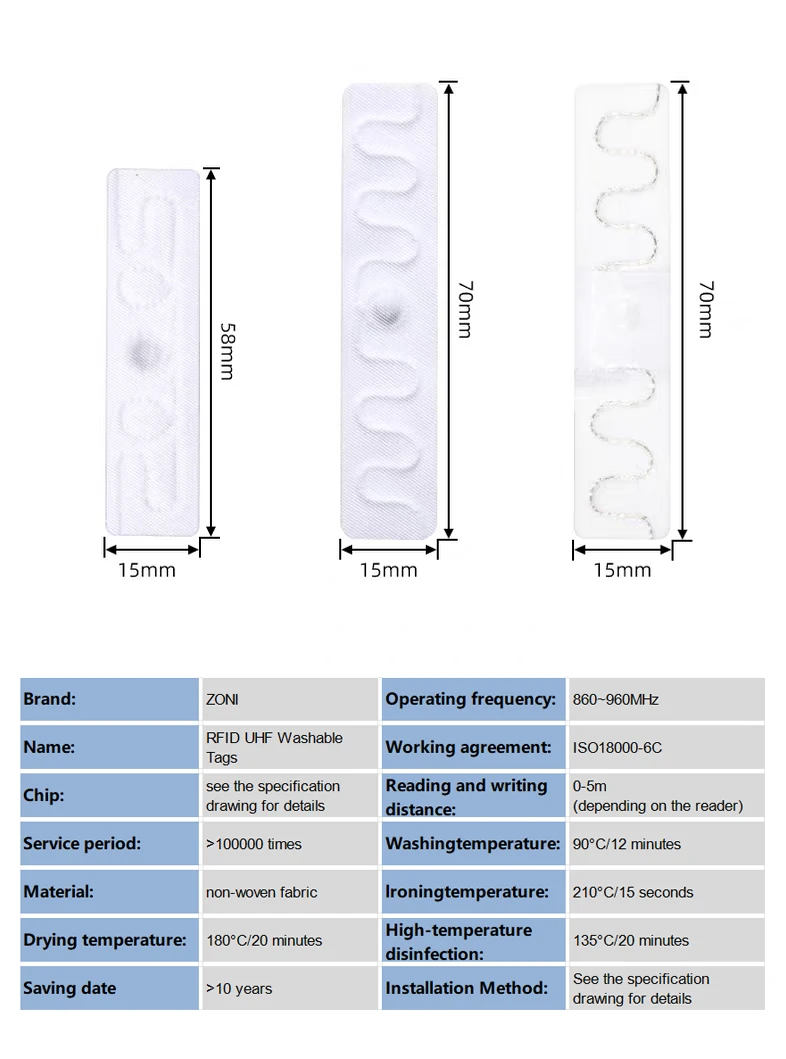 의류 추적 860-960MHz를 위한 고온 방지 세탁 가능 부직포/실리콘 소재가 있는 10pcs UHF RFID 세탁 태그