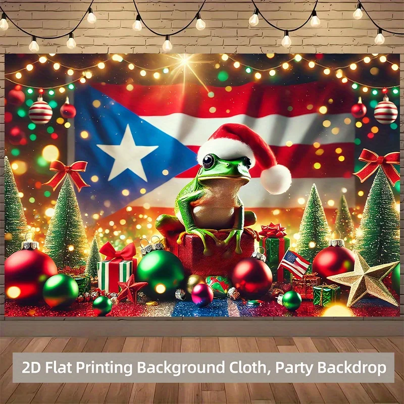 Puerto Rican Christmas Frog Tapestry,Festive Flag Pattern with Santa Hat and Gifts,Vibrant Wall Hanging for Holiday Party Decor