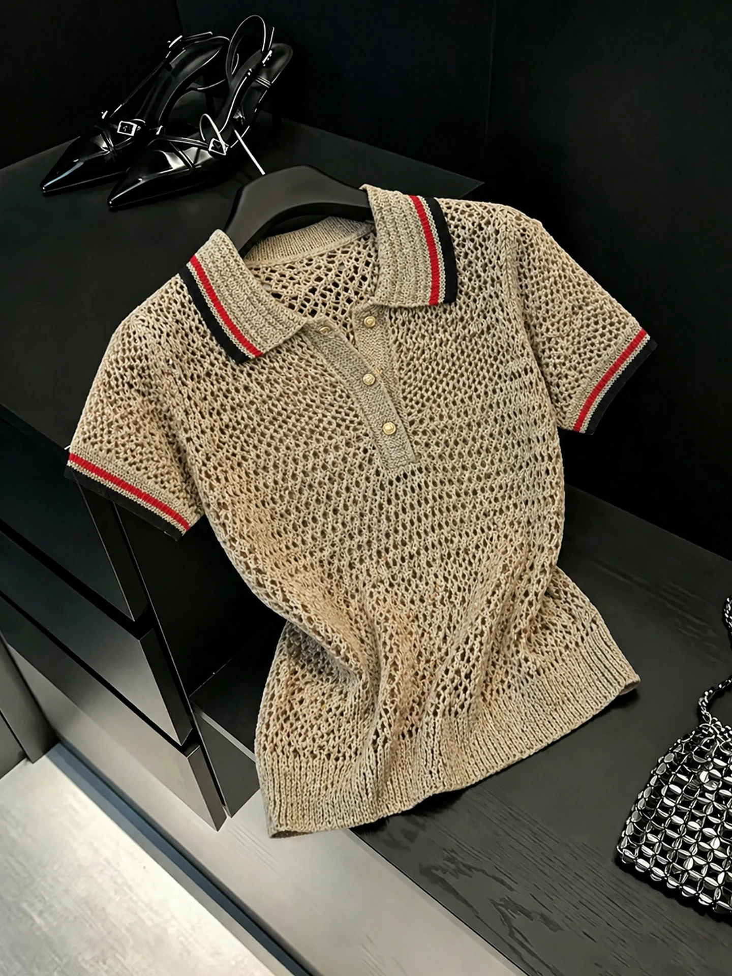 

Fashionable Korean Style Knitted Neck Hollow out Color Block Design Summer Top Elegant Ageless Short Sleeve Silk Blend