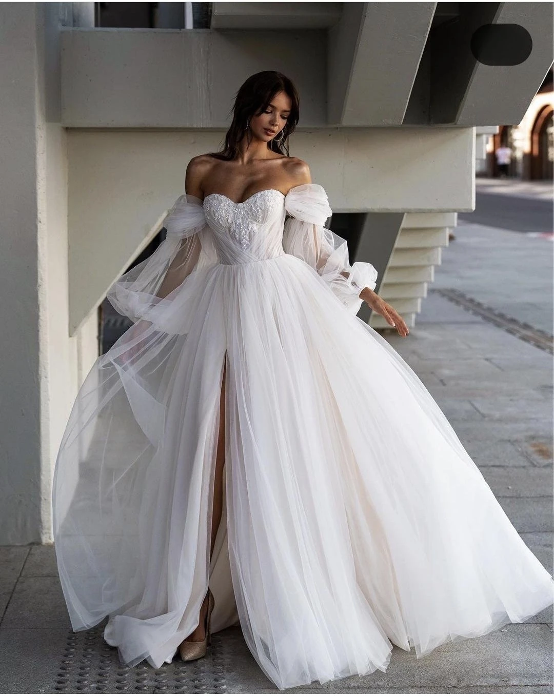 Princess Long Puff  Sleeve Wedding Dress Floor Length Side Slit A-Line Customzie To Measures Robe De Mariee Organza Beading