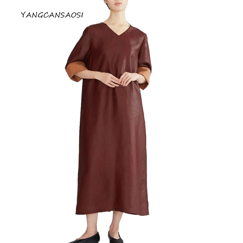

Women's Fashion Clothing Luxury 100% Natural Mulberry Silk Gambiered Guangdong Gauze V-neck Three-quarters Sleeve Dress