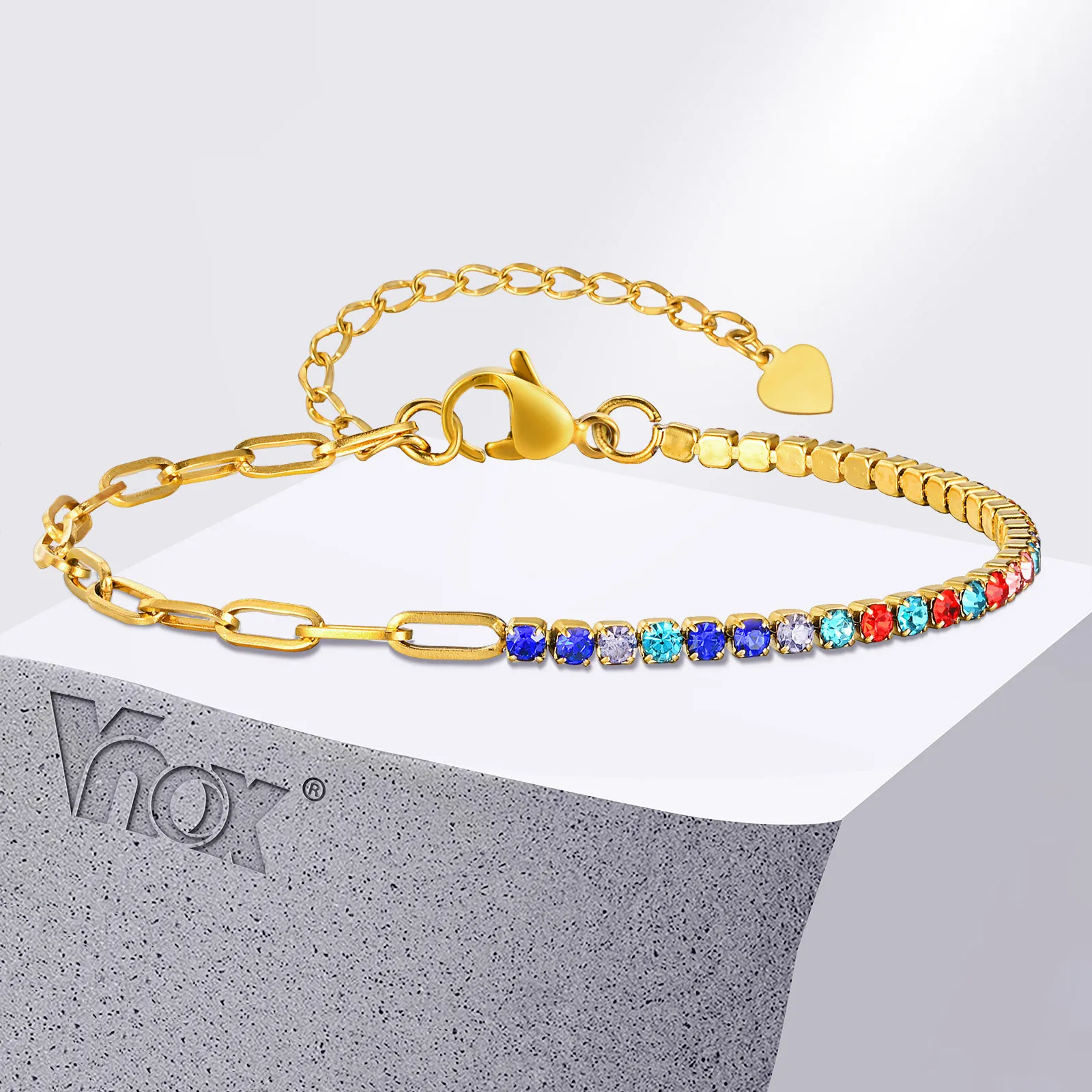 

Vnox Cubic Zirconia Stones Tennis Bracelets for Women, Adjustable Chain Heart Disc Paperclip Link Bracelets, Dainty Jewelry Gift