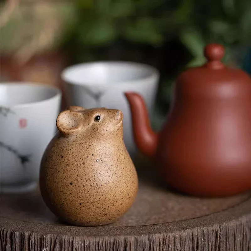 Handmade Coarse Pottery Tea Pet, Mouse Sculpture, Figurine, Gongfu Accessories, Animal Cute, Modern, Home Decor