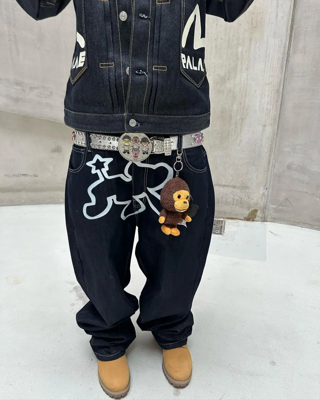 Mens Retro Stardog Embroidery Wide Leg Jeans