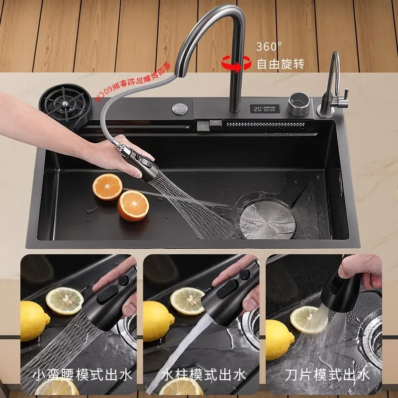 for Nano Gun Gray Digital Display Large Single Slot Waterfall Kitchen Stainless Steel Thickened Sink Vegetable Basin