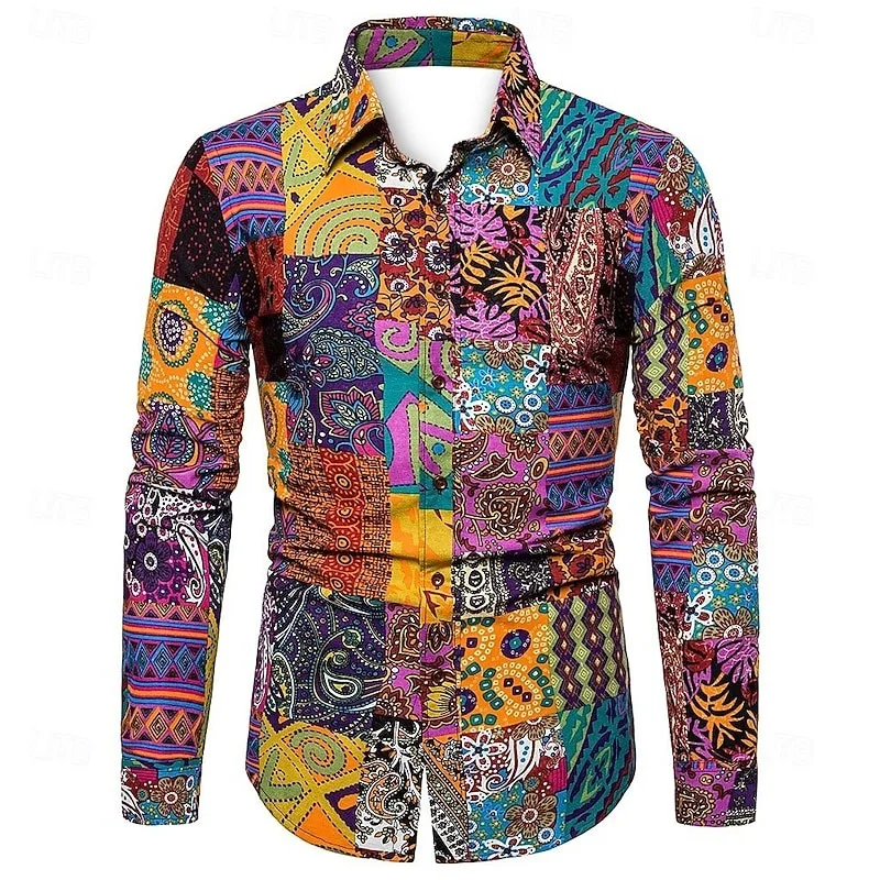 New men's long sleeved shirt with Paisley pattern 3D leopard print retro ethnic style long sleeved shirt top