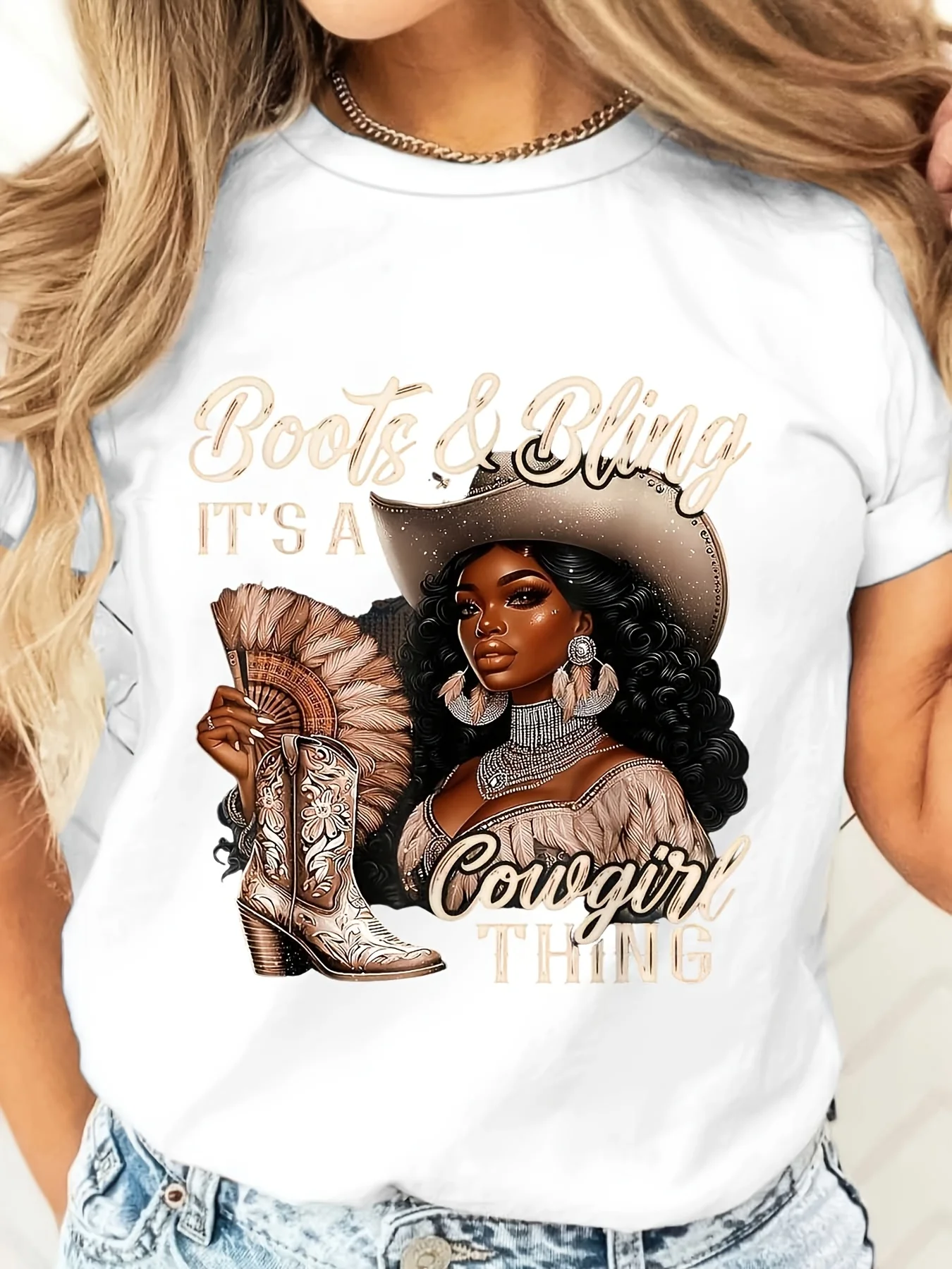 Boots And Bling Its A Cowgirl Thing Graphic Tee, Western Country Style Fashion Top, Casual Daily Wear Summer Outfit