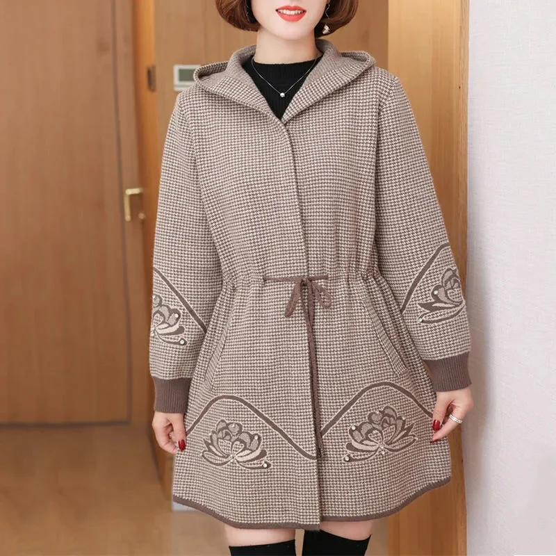 Spring Autumn Long Hooded Jacket Women 2024 New Coat High Quality Casual Outerwear Loose Large Size Knitted Cardigan Ladies Tops