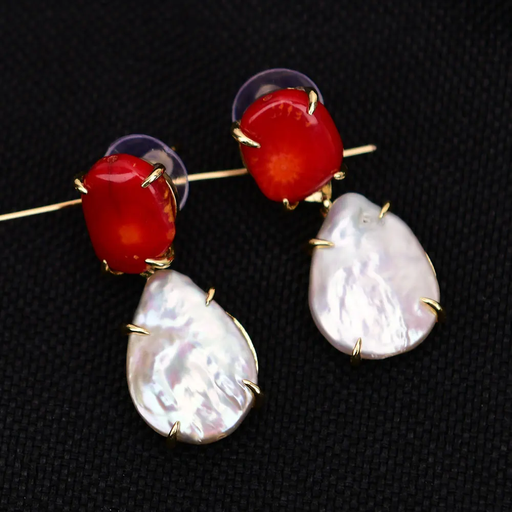 GG عملة بيضاء مثقفة كيشي لؤلؤة مطلية بالذهب المرجان الأحمر أقراط متدلية هدايا مجوهرات الحفلات