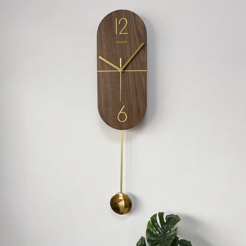 

Large Wooden Wall Clock Swingable Modern Design Nordic Simple Style Walnut Wood Hanging Clocks Pendulum Wall Watch Home Decor