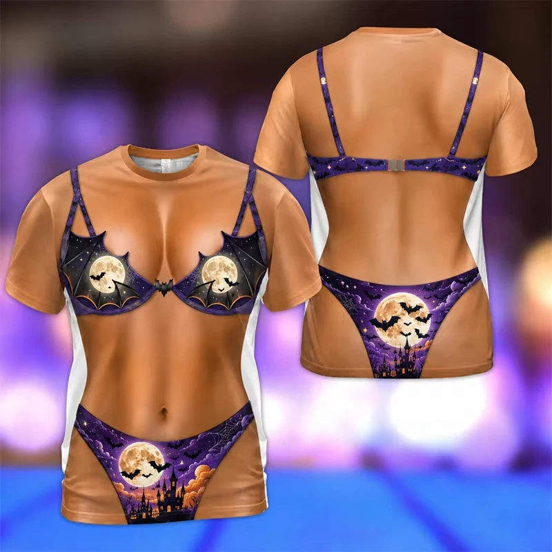 Unisex Halloween 3D Fake Bikini Body Print T‑Shirt, Funny Illusion Tee Pumpkin Witch Bat Party Novelty Tops for Men Women