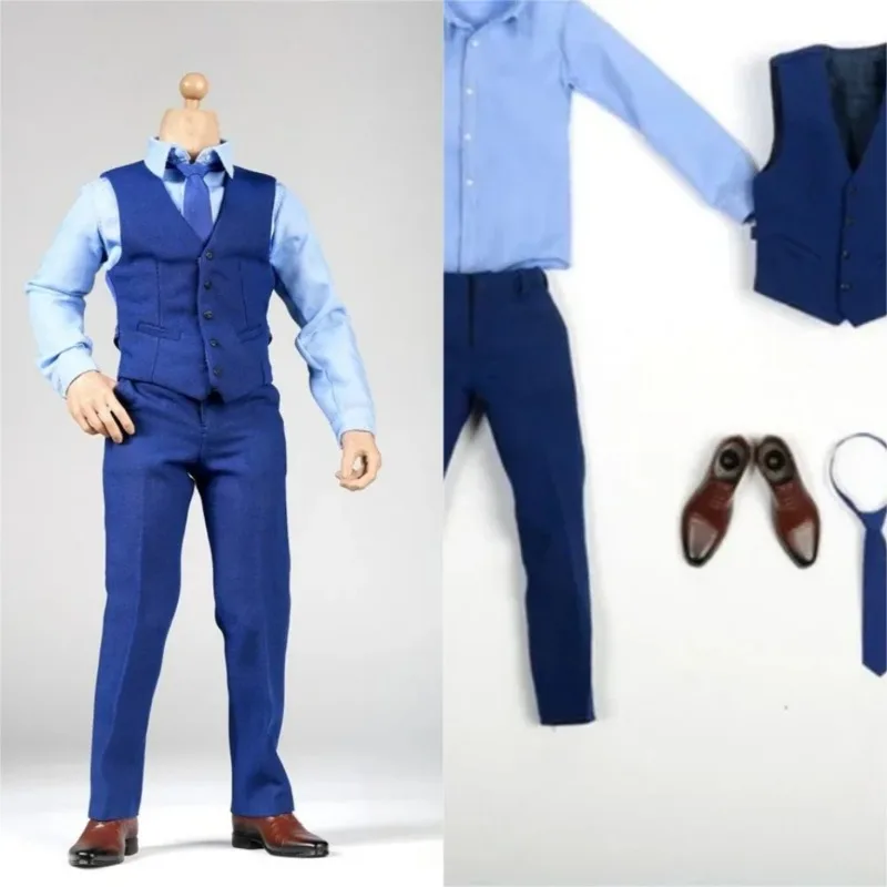

1/6 Scale Male Blue Vest Pants Light Blue Shirt Shoes Suit Set Clothes Outfit Model for 12'' Soldier Body Toys