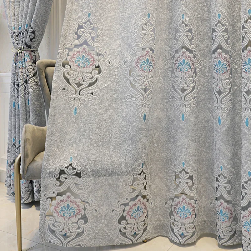 European Luxurious Curtains for Living Dining Room Bedroom Embroidery Gray Gauze Curtain Light-proof and Opaque Curtain Custom