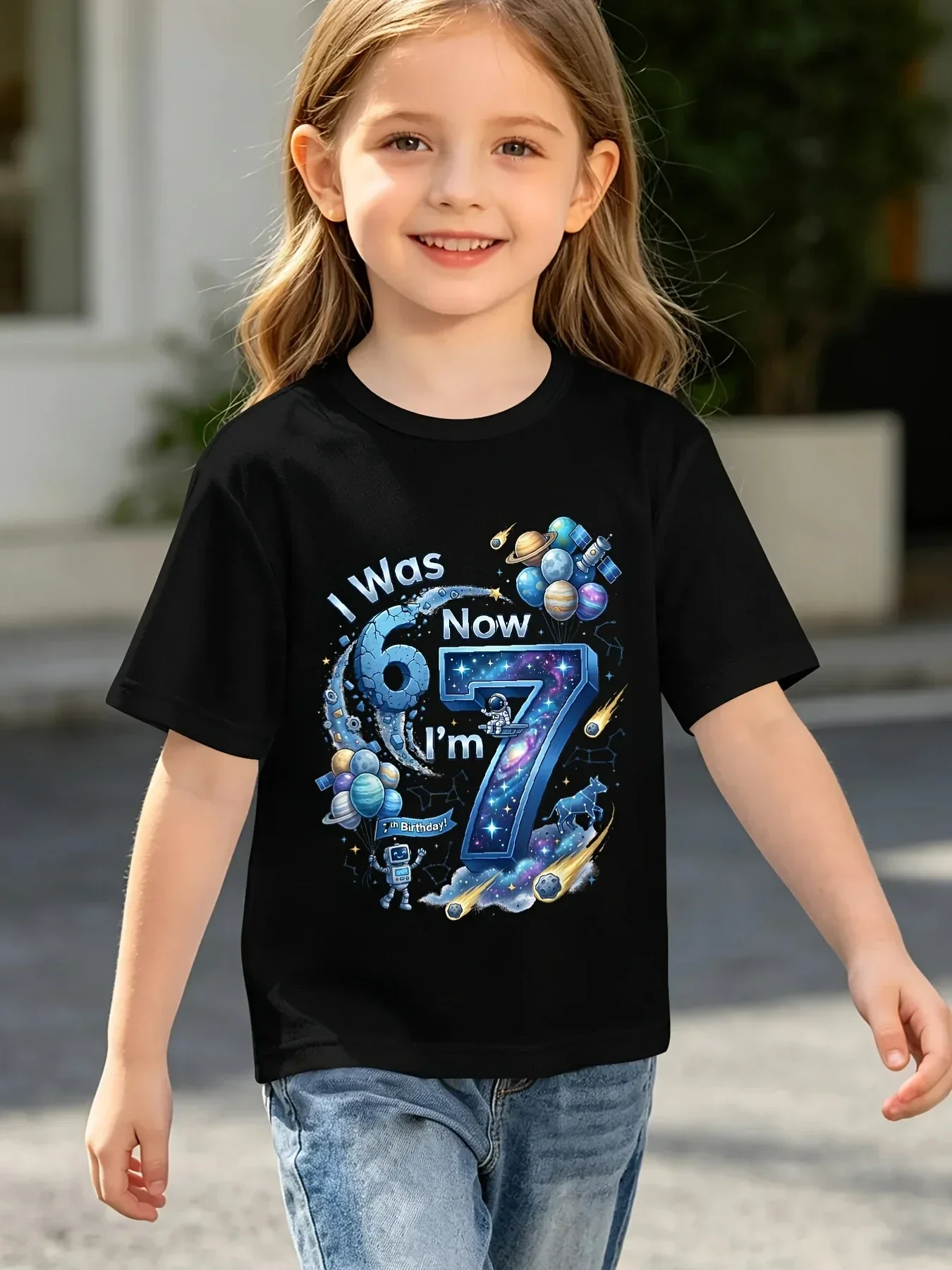 Children 7th Birthday Party Tee Space Rocket Planet Astronaut Pattern Short Sleeve Top I Was 6 Now I'm Seven Birthday Gift Tee