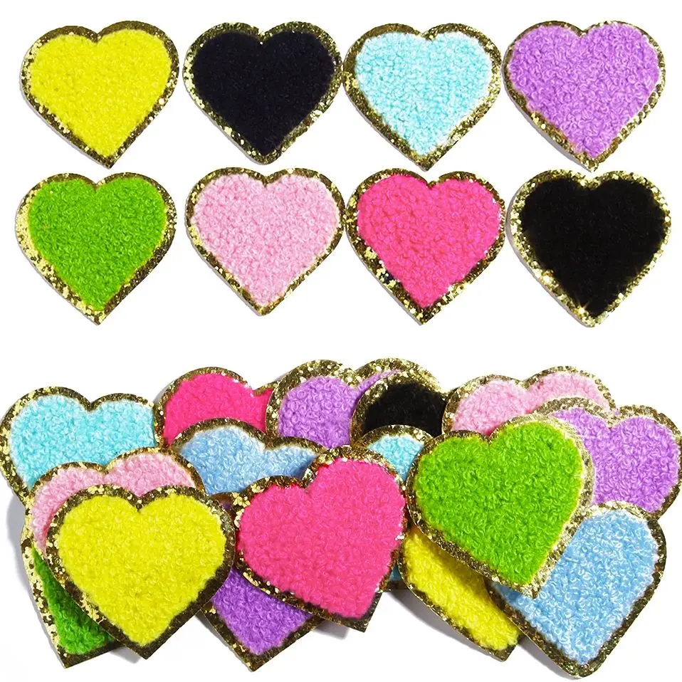 5Pcs 5cm Heart Love Shape Ironing Towel Embroidered With Gold Border Patches For DIY Clothes Bags Badge Decorative Accessories