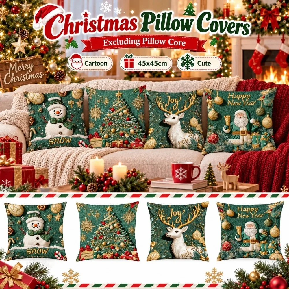 Cartoon Christmas Pillow Covers Flat Printing Santa Claus Holiday Cushion Cover Comfortable 45x45cm Snowman Pillow Case New Year