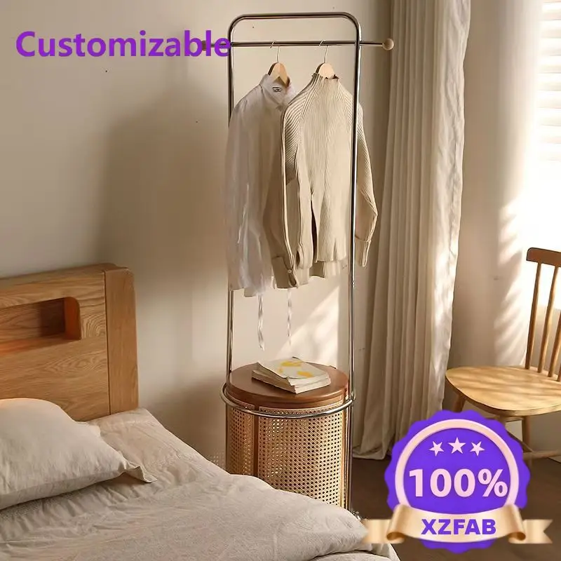 Factory Direct 2026 Solid wood rattan hanger floor-to-ceiling removable bedroom bedside cabinet storage, clothing hanger