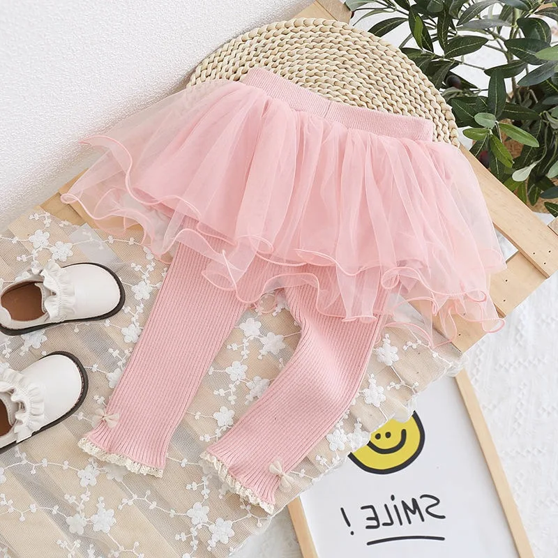 Calças sociais de duas peças para meninas outono/inverno, elegantes para crianças mais jovens, calças de saia inchada de tule doce e adorável