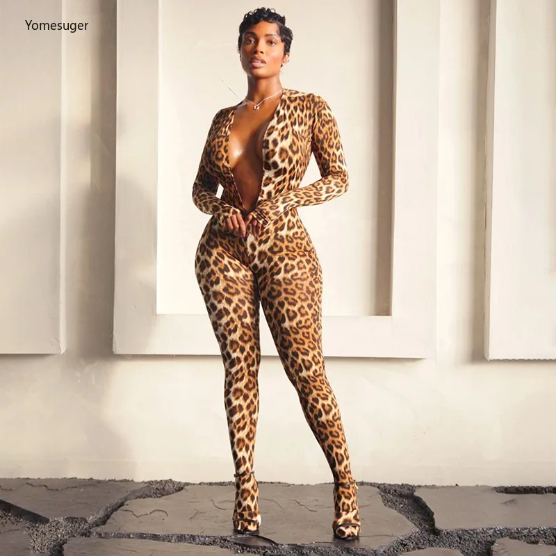 Yomesugar الخريف مثير ليوبارد طباعة حللا امرأة العميق الخامس الرقبة الانقسام عارية الذراعين كم كامل Bodycon السروال القصير منتصف الليل كلوبوير #1