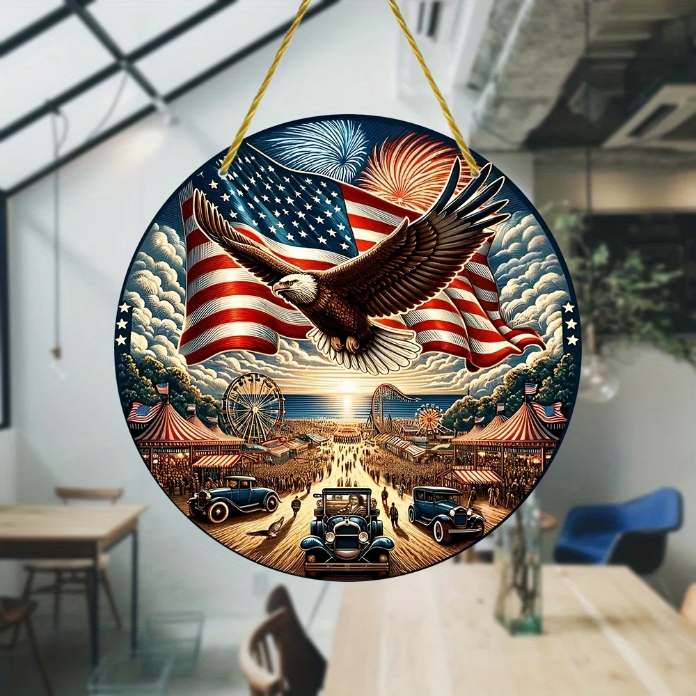 

American Flag Bald Eagle Round Acrylic,Decorative Dyed Hanging Suncatcher,Independence Day Wreath Sign,For Room Cafe Bedroom