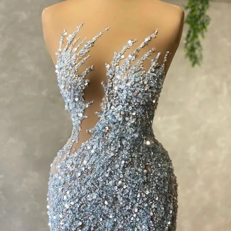 Kadisua Luxury Evening Dress Strapless Sequined Beaded Sweep Train Sparkly  Illusion Tulle Elegant Women Vestidos De Noche