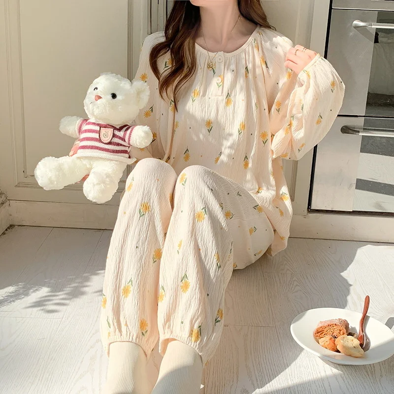 New Autumn And Winter Women's Set Gauze Cotton Texture Long-sleeved Pajamas Sweet And Cute College Style Home Clothes