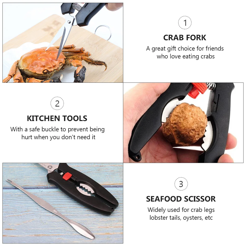 

1Set Premium Crab Eating Kit Stainless Steel Tools with Scissor and Fork Safe Buckle Design for Lobster Oyster Shells Kitchen