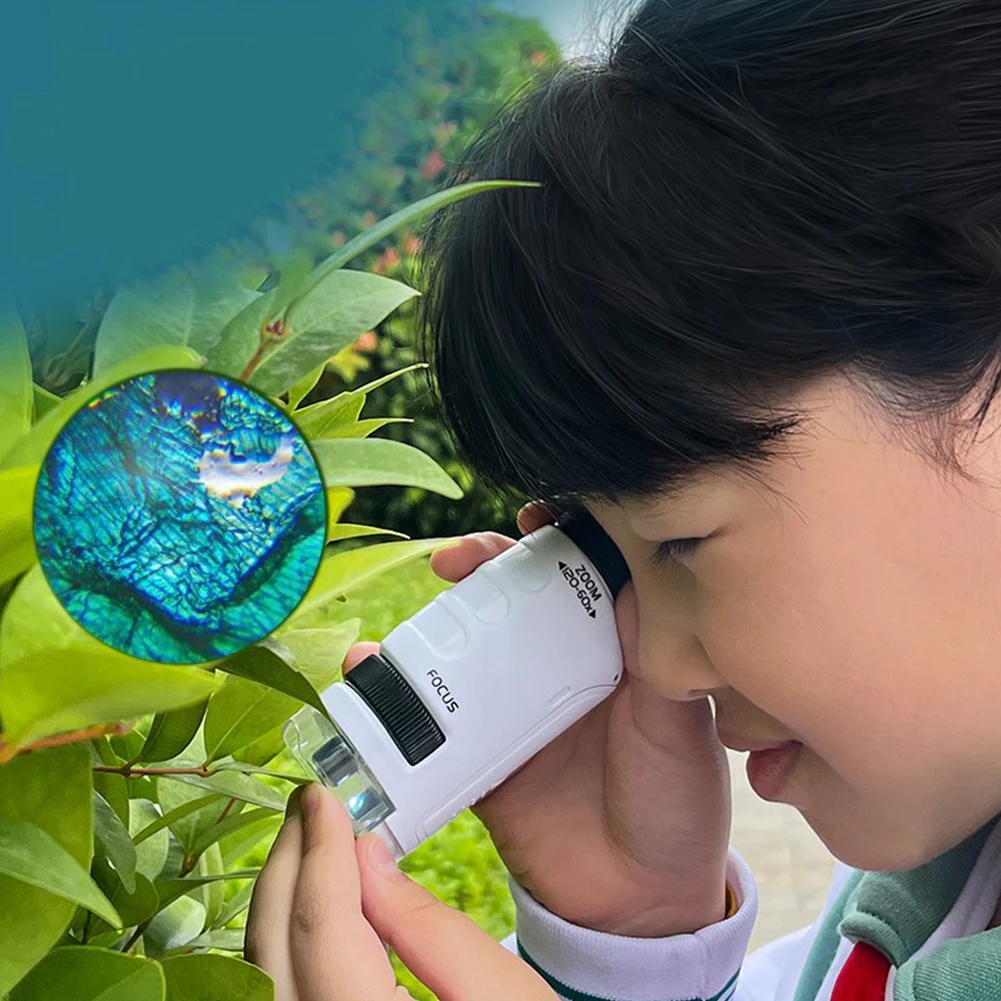 Handheld Microscope Mini Pocket Microscope Kit 60-120x Lab Microscope Zoom Wheel Adjustable with LED for Kids Educational