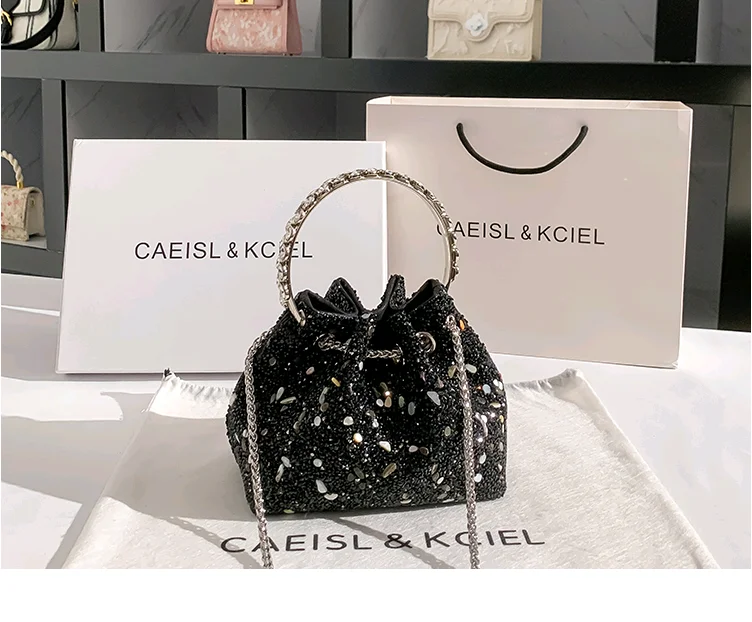 Fashion Black Stones Bucket Bag Luxury Evening Bag Wedding Party Clutch Purse Metal Handle Women Handbag Shoulder Crossbody Bag