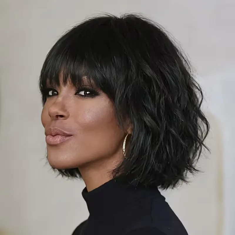 Women's Short Curly Hair Wig with Air Bangs, Daily Water Wave Curly Wig, Natural Synthetic Fiber Full Head Wig