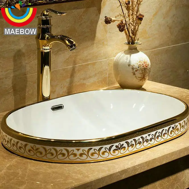 

Mosaic Gold Oval Ceramic Semi Counter Lavobo Bathroom Sink With Overflow Wash Basin