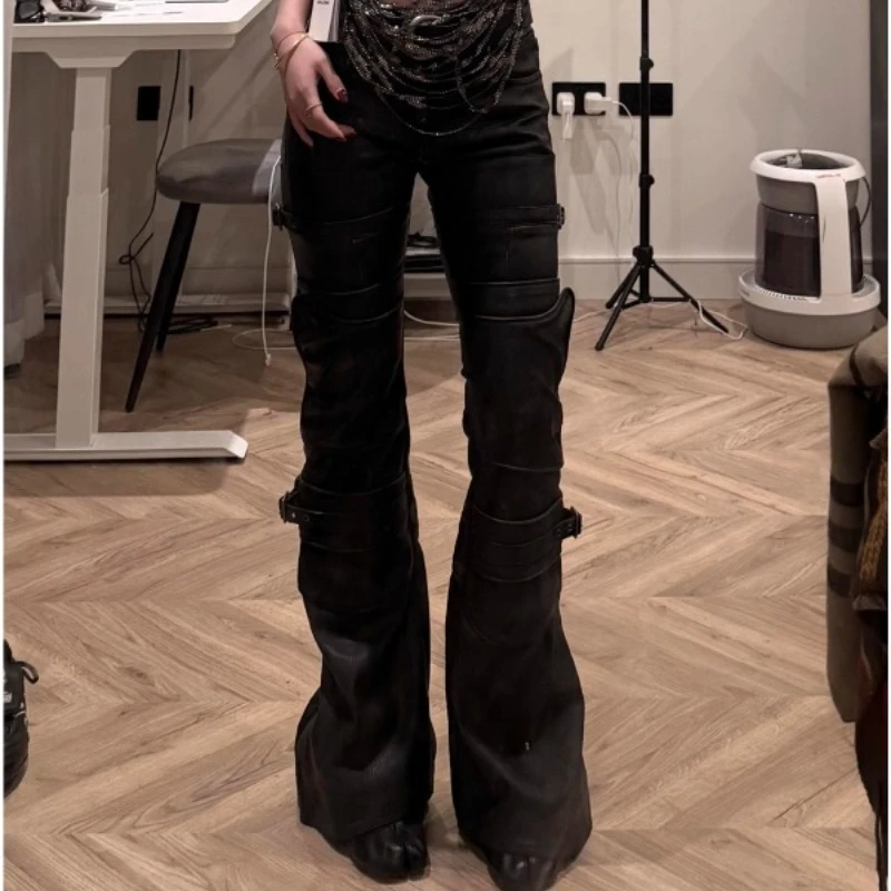 American Retro Design Black Women's Bell-bottoms 2025 Winter New Sweet Cool Hot Girl Slimming Punk Slimming Leather Pants Ladies