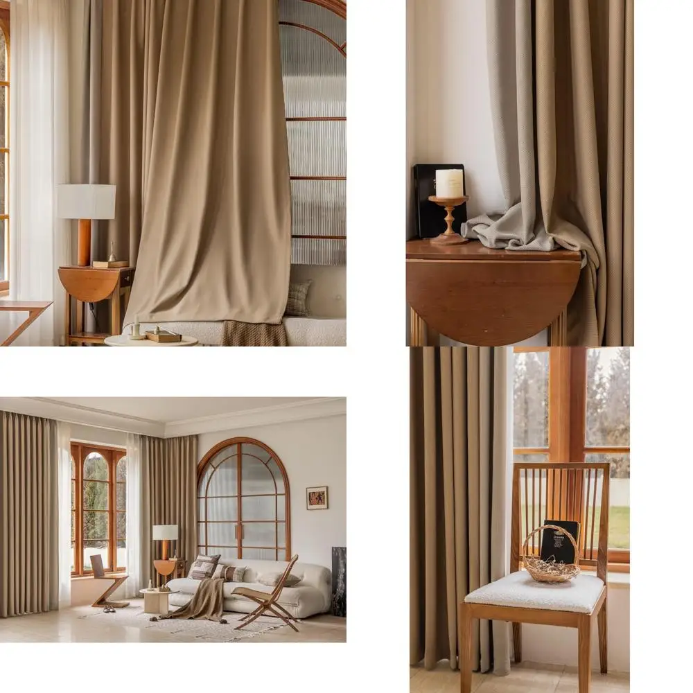 Zasłony okienne z efektem zaciemnienia, patchworkowe, z szenili, kolor jasny kawowy, 137x244 cm, z oczkami, do salonu.