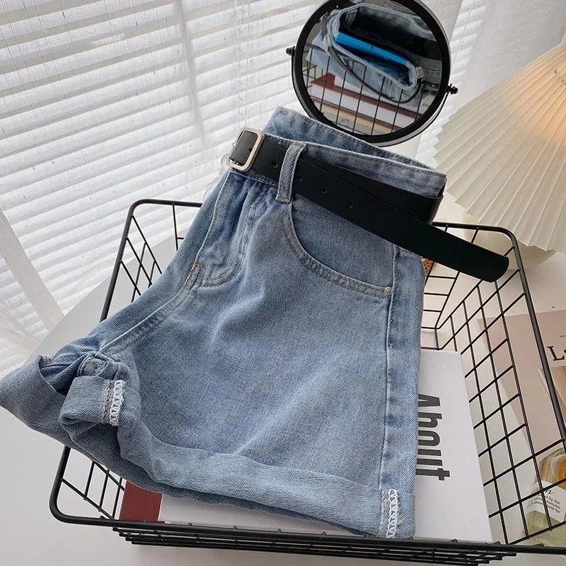 Shorts de mezclilla coreanos de verano de pierna ancha y cintura alta con cinturón para mujer, pantalones cortos de moda con bolsillos, estilo casual de calle, vaqueros.
