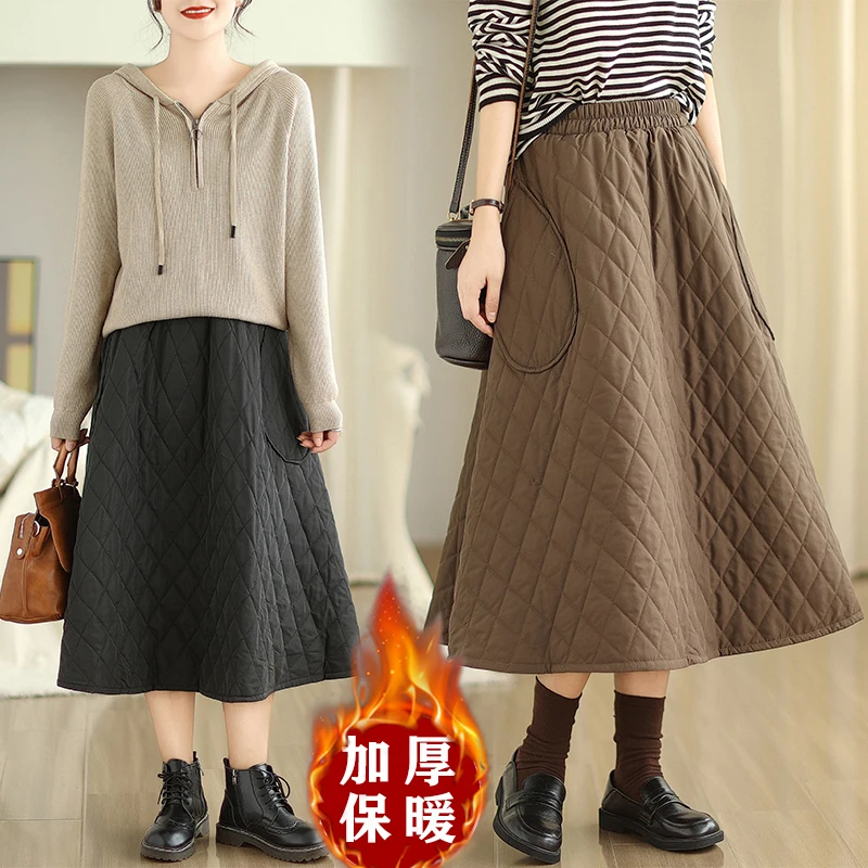 2024 New Arrival Autumn/winter Women Casual Loose A-line Pockets Mid-calf Skirt Warm Thickened Vintage Elastic Waist Skirts