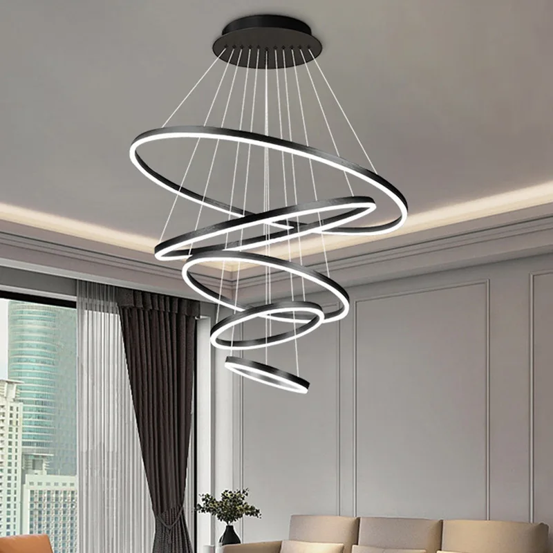 Nordic LED Chandeliers Aluminium Ring Modern Pendent Lights for Villa Hall  Staircase Dinining Table Living Room Hanging Lamps