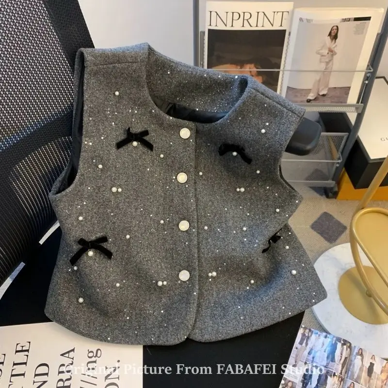 

Серый жилет с жемчугом, высококачественный женский шерстяной жилет, осенне-зимний лоскутный кардиган, жилет, топ без рукавов, укороченная куртка, модная