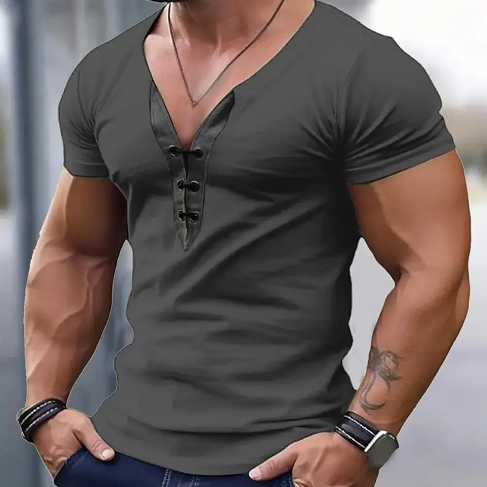 Tie Collar T-shirt Stylish Men\'s V Neck Slim Fit Lace Up T-shirt for Summer Casual Wear Solid Color V-neck Top