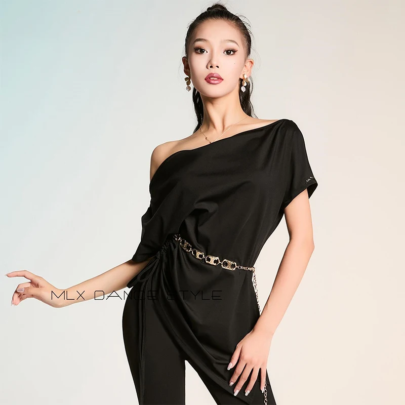 

2025 Women Latin Dance Training Tops Adult Black Loose Short Sleeves Shirt Rumba Samba Dancing Wear Line Dance Costume VBH1381