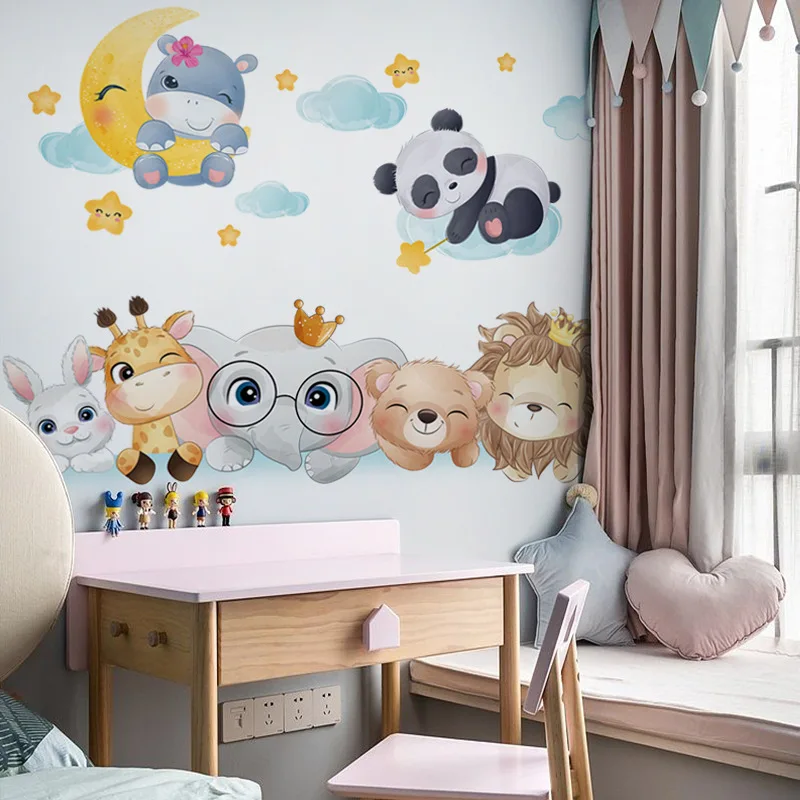 Cute Nordic Animals Wall Stickers for Kids Rooms Girls Boys Baby Room Decoration Nursery Cartoon Elephant Giraffe Wallpaper