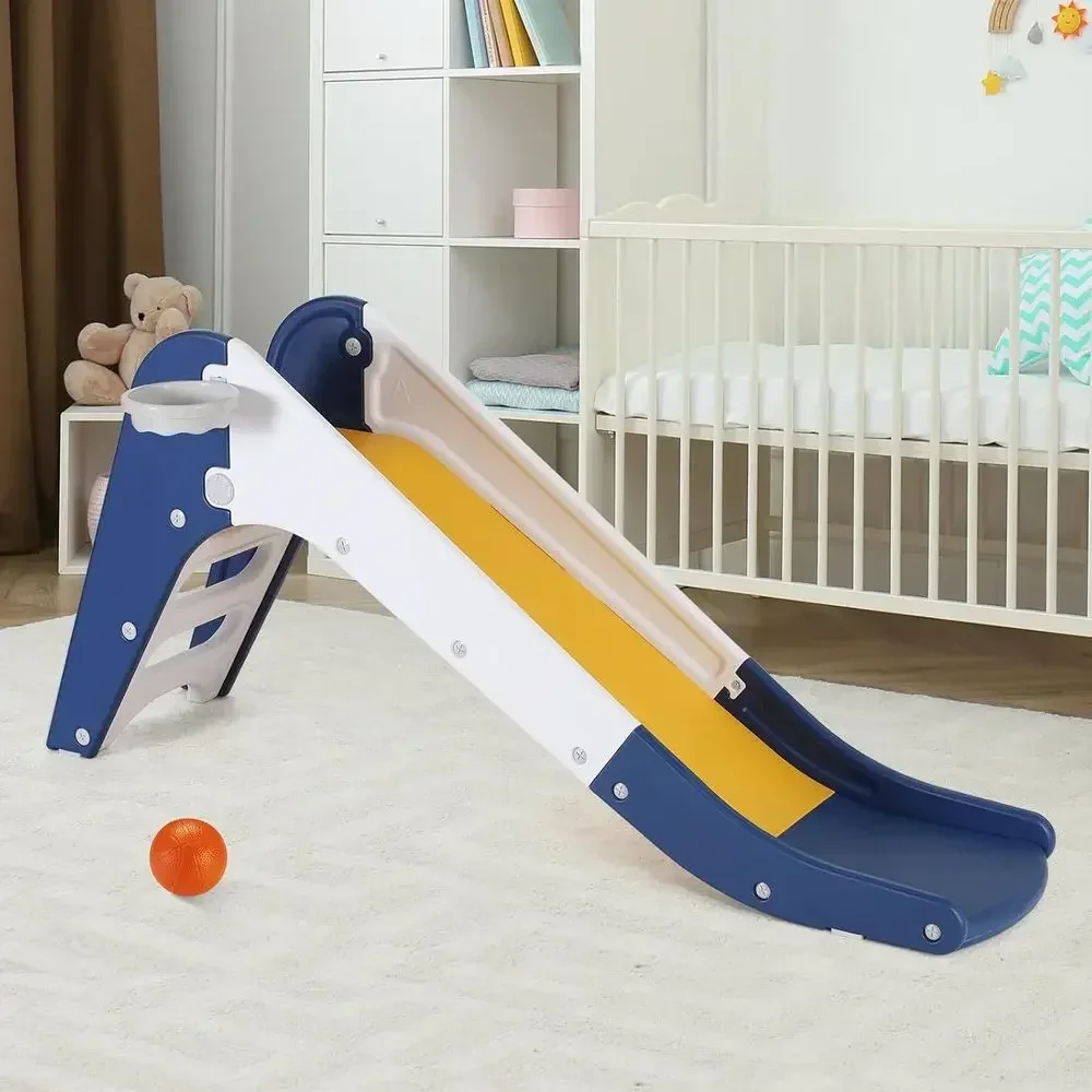 Indoor Foldable Slide with Basketball Hoop for Kids, 63 Long, Non-Slip, Durable Plastic Playset for Boys and Girls (Blue)