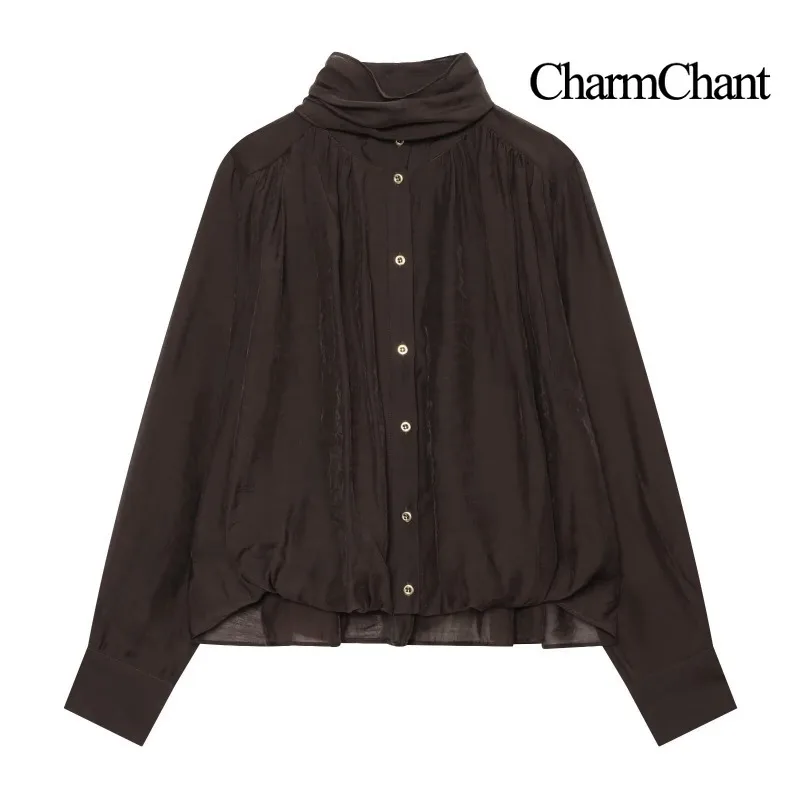CHARMCHANT Womens Long Sleeve Blouse Drape High Neck Button Front Asymmetric Hem Sheer Fabric Relaxed Fit Fall 2026