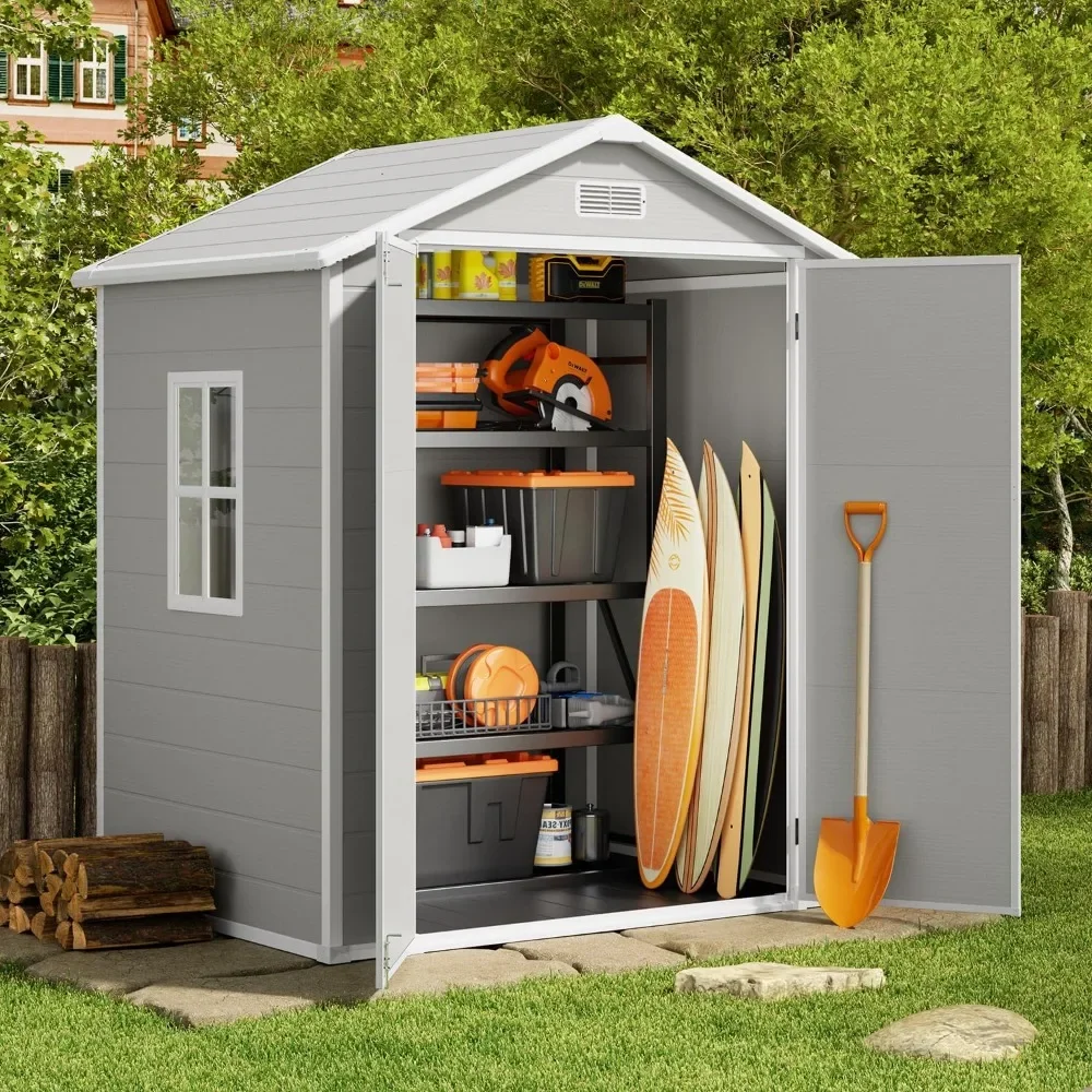 Storage Shed Outdoor Sheds 6x4 FT Resin Shed With Floor Gray Waterproof Warehouse Garden House Buildings Supplies Home