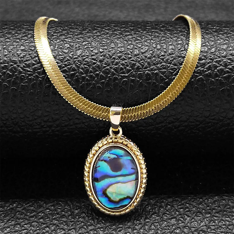 

Vintage Abalone Shell Oval Pendant Necklace Women Stainless Steel Gold Color Chain Copper Pendant Neckalces Jewelry NFF27-3S04