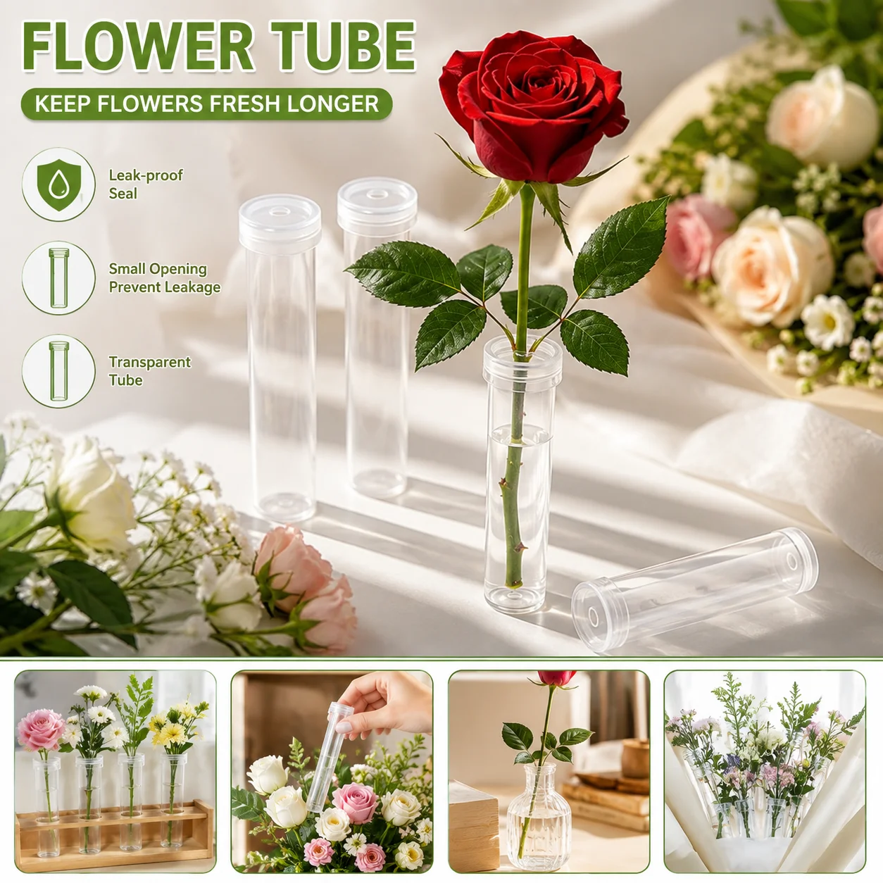 Flower Water Tubes with Caps, Leak-Proof Plastic Clear Reusable Floral Water Tube for Fresh Flowers Rose Arrangement Accessories